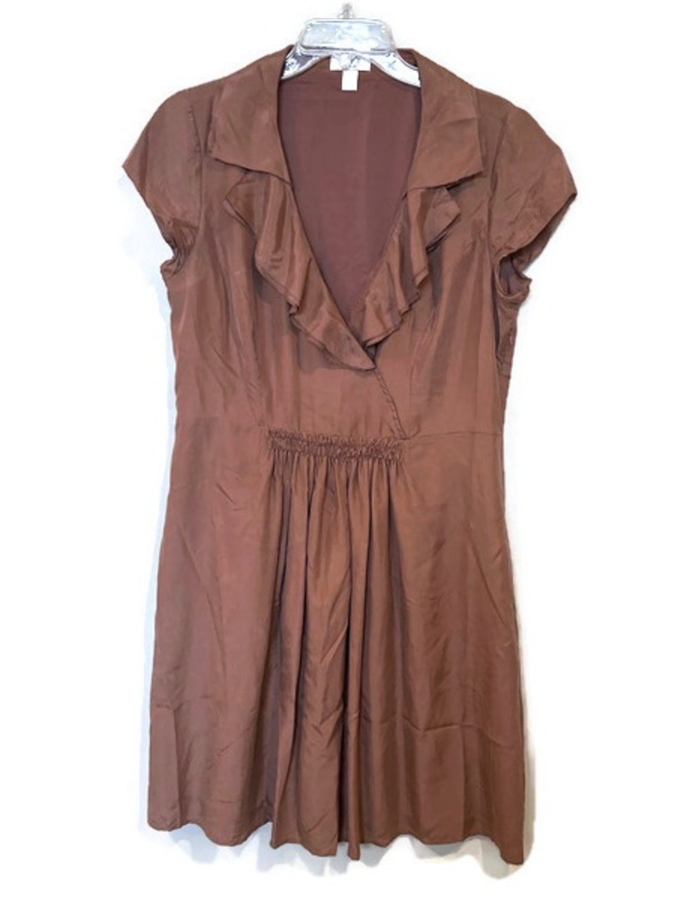 Ann Taylor Loft 100% Silk Brown Mocha Ruffle V-Neck Summer Dress Size 12